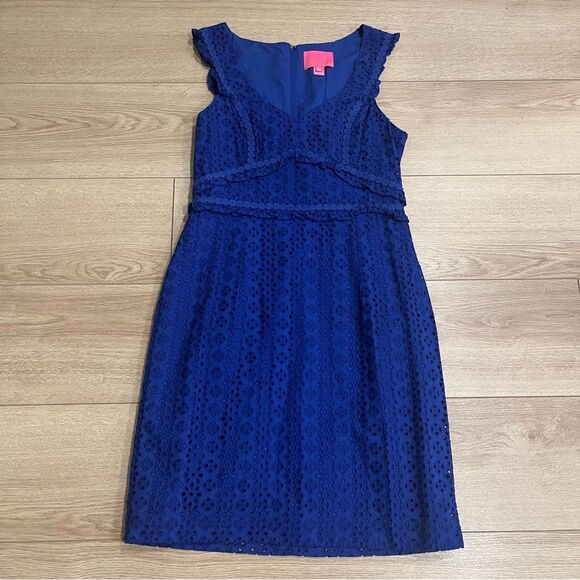 Lilly Pulitzer Kaylee Lapis Lazuli Blue Eyelet Shift Dress Petite Petal Size 6 - Picture 2 of 7